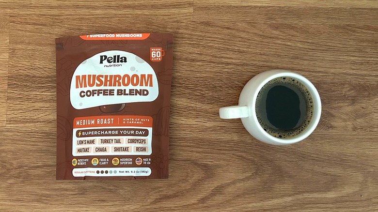Package and cup of Pella Nutrition Mushroom Coffee Blend