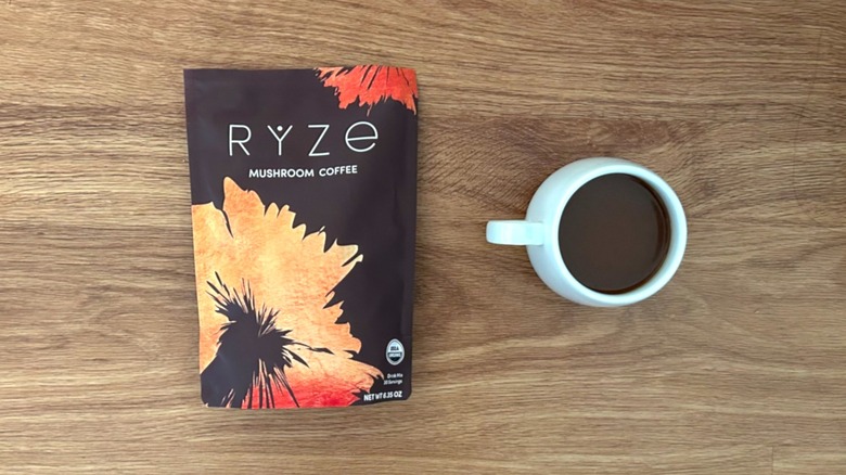 Package and cup of Ryze mushroom coffee