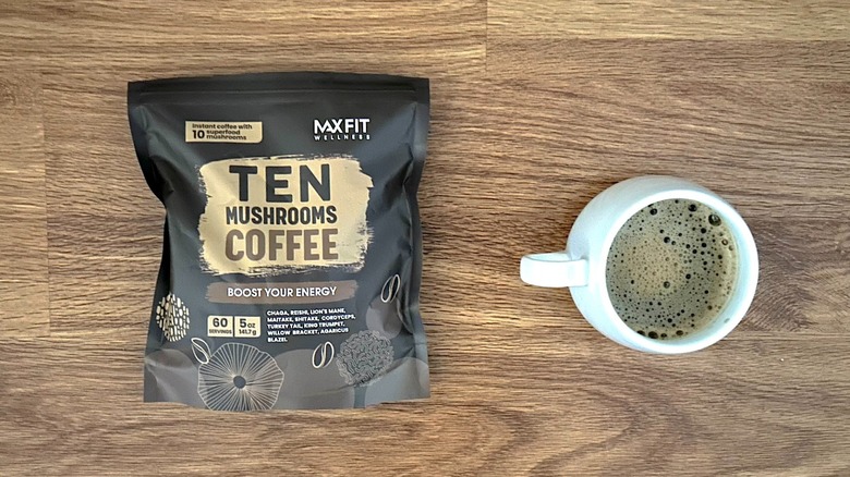 Package and cup of Ten Mushrooms Coffee