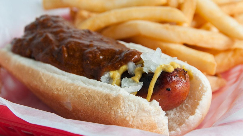 A Ben's Chili Bowl Half-Smoke hot dog with fries