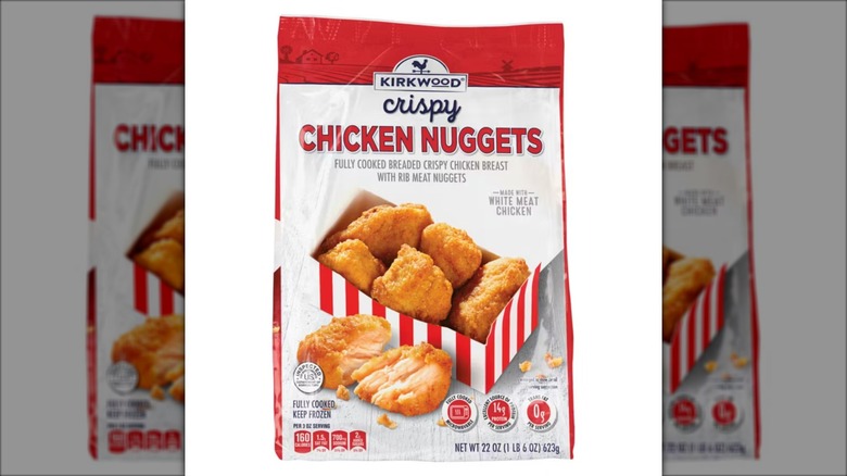 Aldi's Kirkwood brand crispy chicken nuggets on a white background