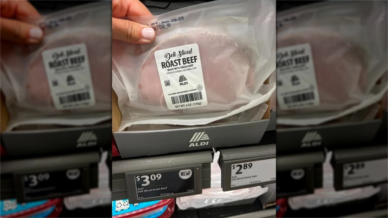 Aldi Brand Deli Roast Beef in clear plastic package with prices below