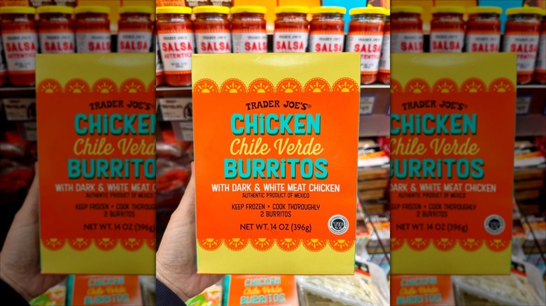 Package of Trader Joe's chicken chile verde burritos.