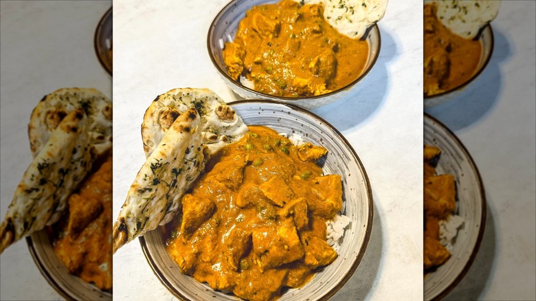 Cooked and plated Trader Joe's chicken tikka masala.