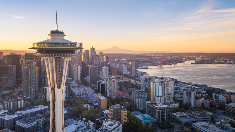The Seattle Space Needle with downtown skyscrapers, Elliot Bay and Mt. Rainier visible behind it.