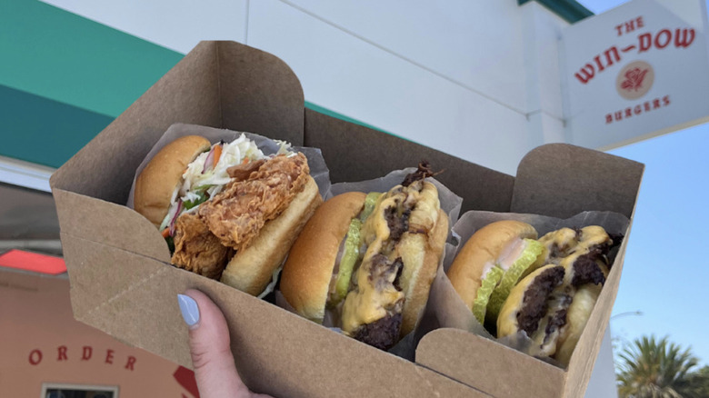 Box of burgers outside The Win-Dow