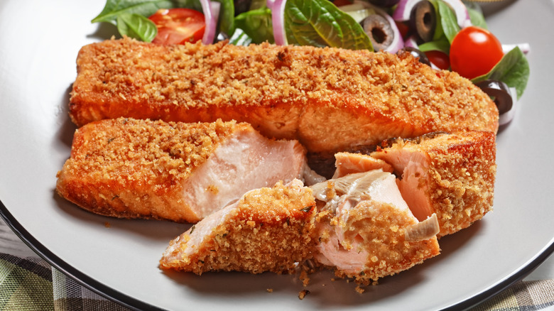 salmon cooked with a crust of breadcrumbs