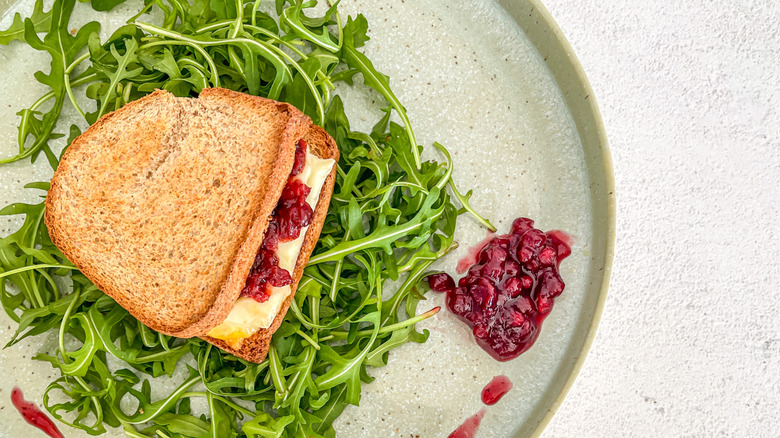 grilled cheese sandwich with cranberry sauce on a bed of arugala