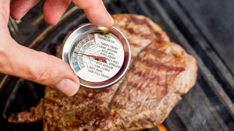 Meat thermometer measuring the temperature of steak