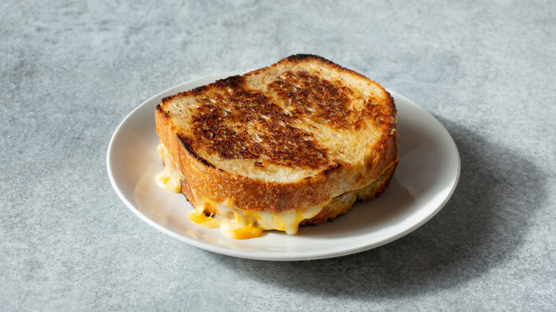 A crispy grilled cheese on a plate.