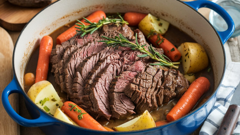 A blue pot filled with pot roast, with the meat, sprig of herbs, carrots, and potatoes visible