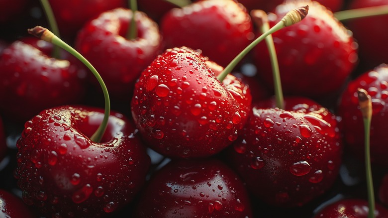 Upclose of freshly washed red cherries.