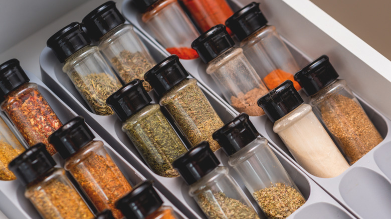 Spices stored in a drawer