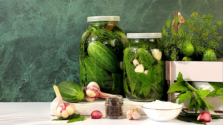 pickled cucumbers in a jar