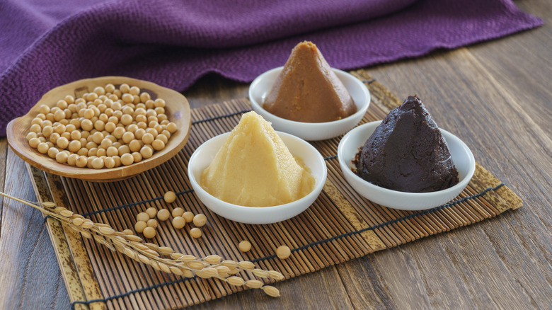 Various types of miso in bowls