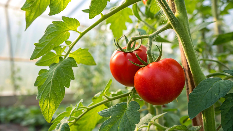 Two tomatoes growing in a field