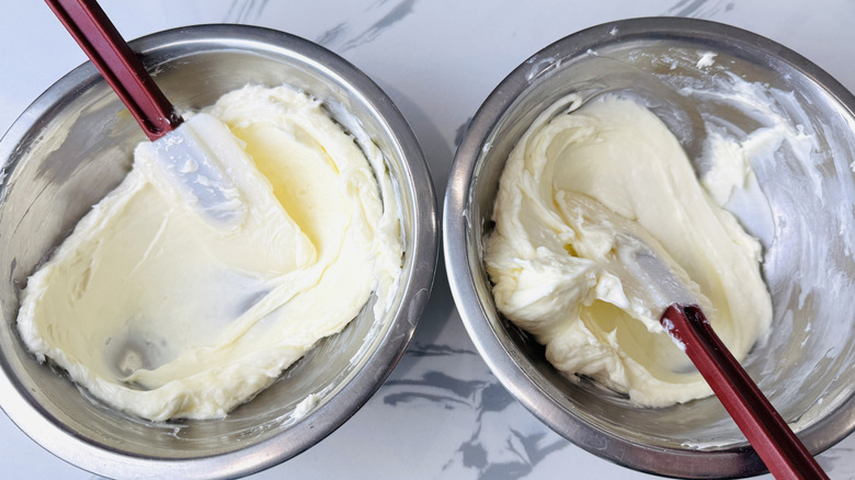 Cream cheese in separate bowls