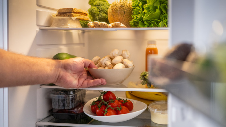 Person storing fresh mushrooms in the fridge in a bowl