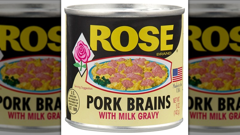 Can of Rose Pork Brains against a white surface