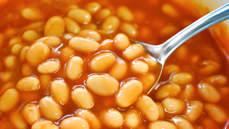 Spoon dipped in baked beans