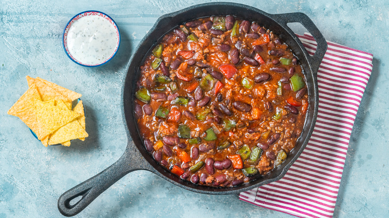 Cast iron pan of chili