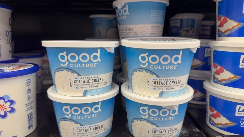 Cottage cheese on display in a grocery store