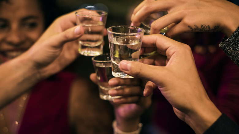 Hands clinking vodka shots.