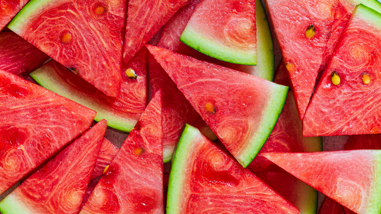 Watermelon wedges with seeds and rinds intact