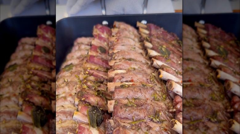 Roasting pan with braised pork ribs.