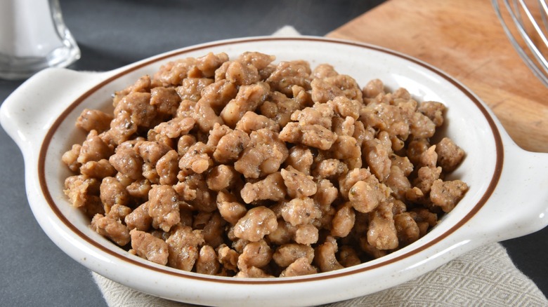 a bowl of sausage crumbles