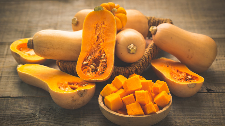 butternut squash gourds halved and cubed
