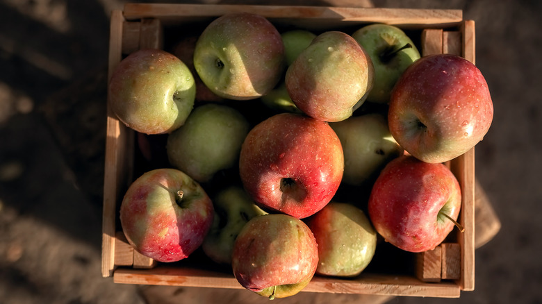 a wooden box full of apples