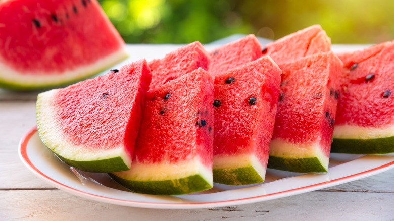 A plate of watermelon wedges in an outdoor setting.