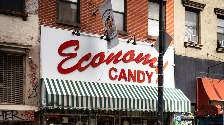 The red and white sign outside of NYC's Economy Candy.