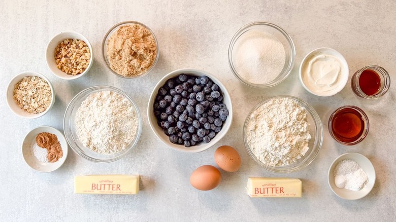 Old-fashioned blueberry crumb cake ingredients on countertop