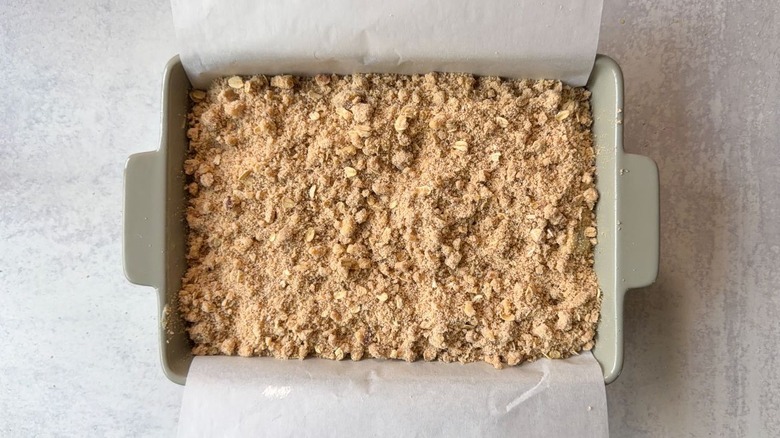 Unbaked blueberry crumb cake ready to go into oven