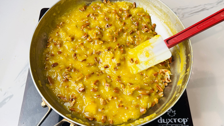 Pecan coconut cake filling in skillet