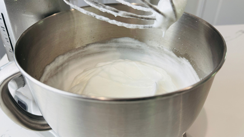 Whipped egg whites in stand mixer with whisk attachment