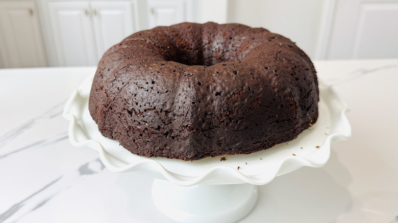 Tunnel of Fudge cake on serving plate