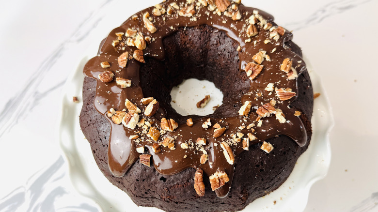 Nut-topped Tunnel of Fudge cake