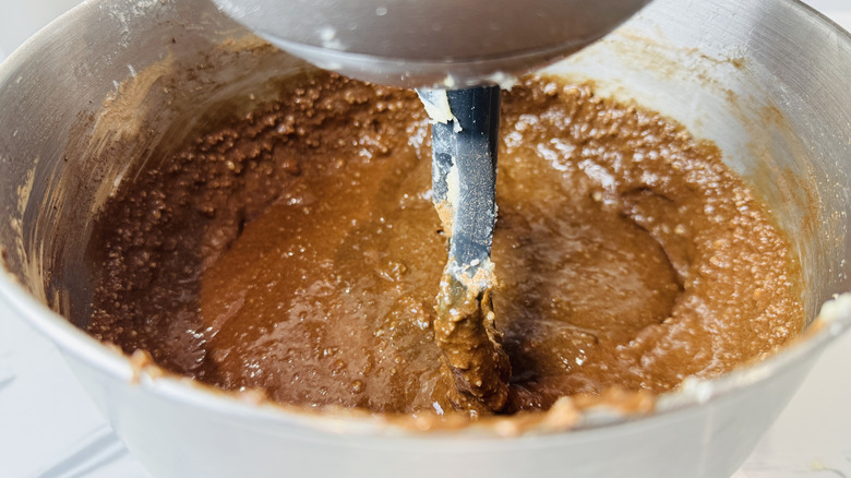 Chocolate cake batter being mixed