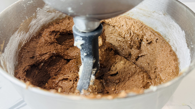 Chocolate cake batter in mixing bowl