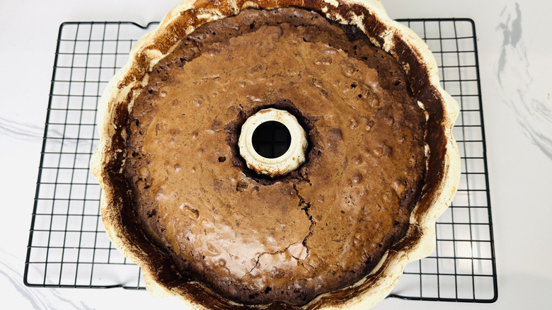 Baked Tunnel of Fudge Cake in pan