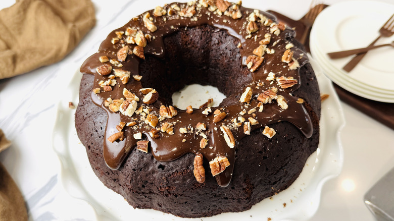 Tunnel of Fudge Cake on serving plate
