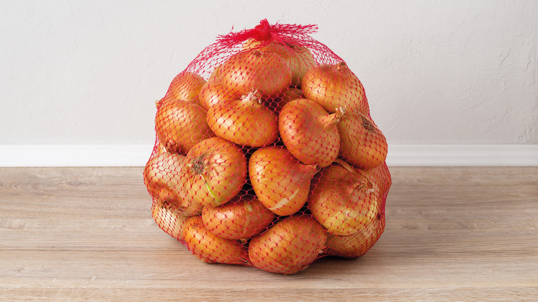 Onions in mesh plastic sack