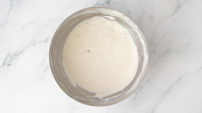 Composed bleu cheese dressing in a bowl
