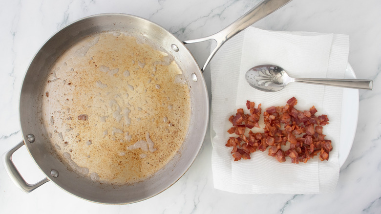 Cooked bacon bits removed from the skillet