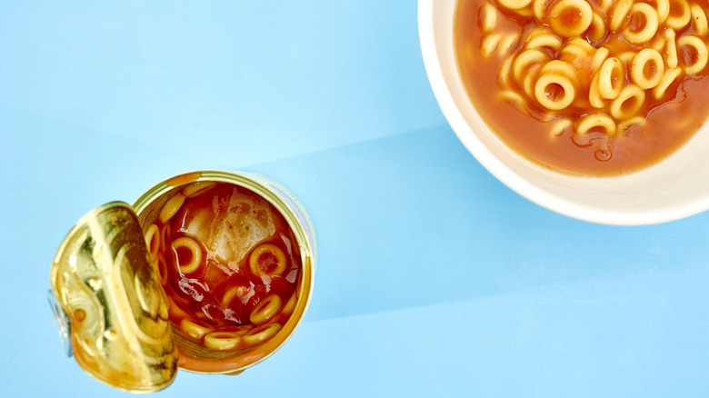 open can of SpaghettiOs and some in a bowl