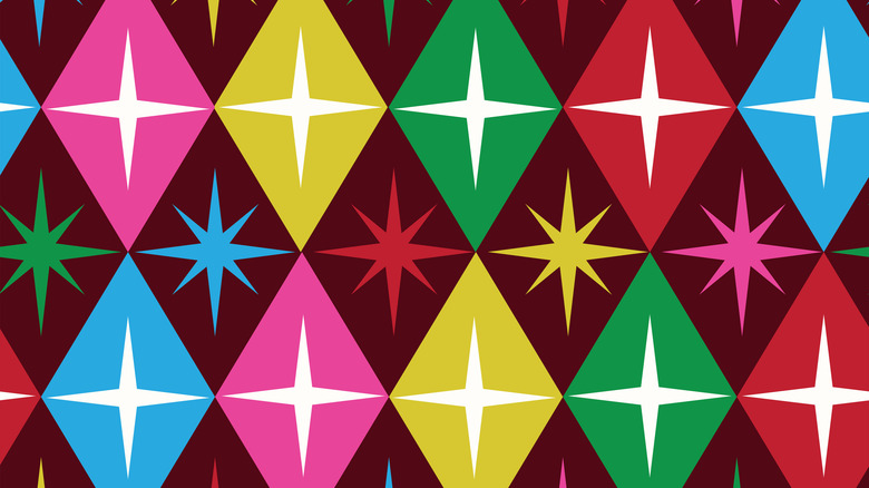 A vintage mid-century modern fabric design with diamonds and stars