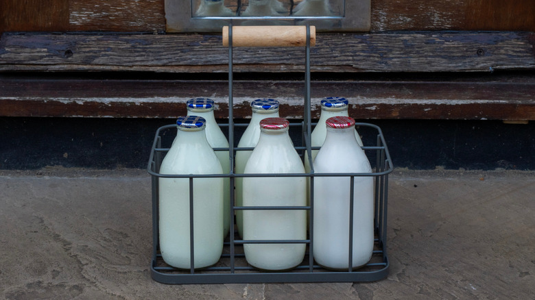 Bottle carrier with glass milk bottles the way the milkman used to deliver